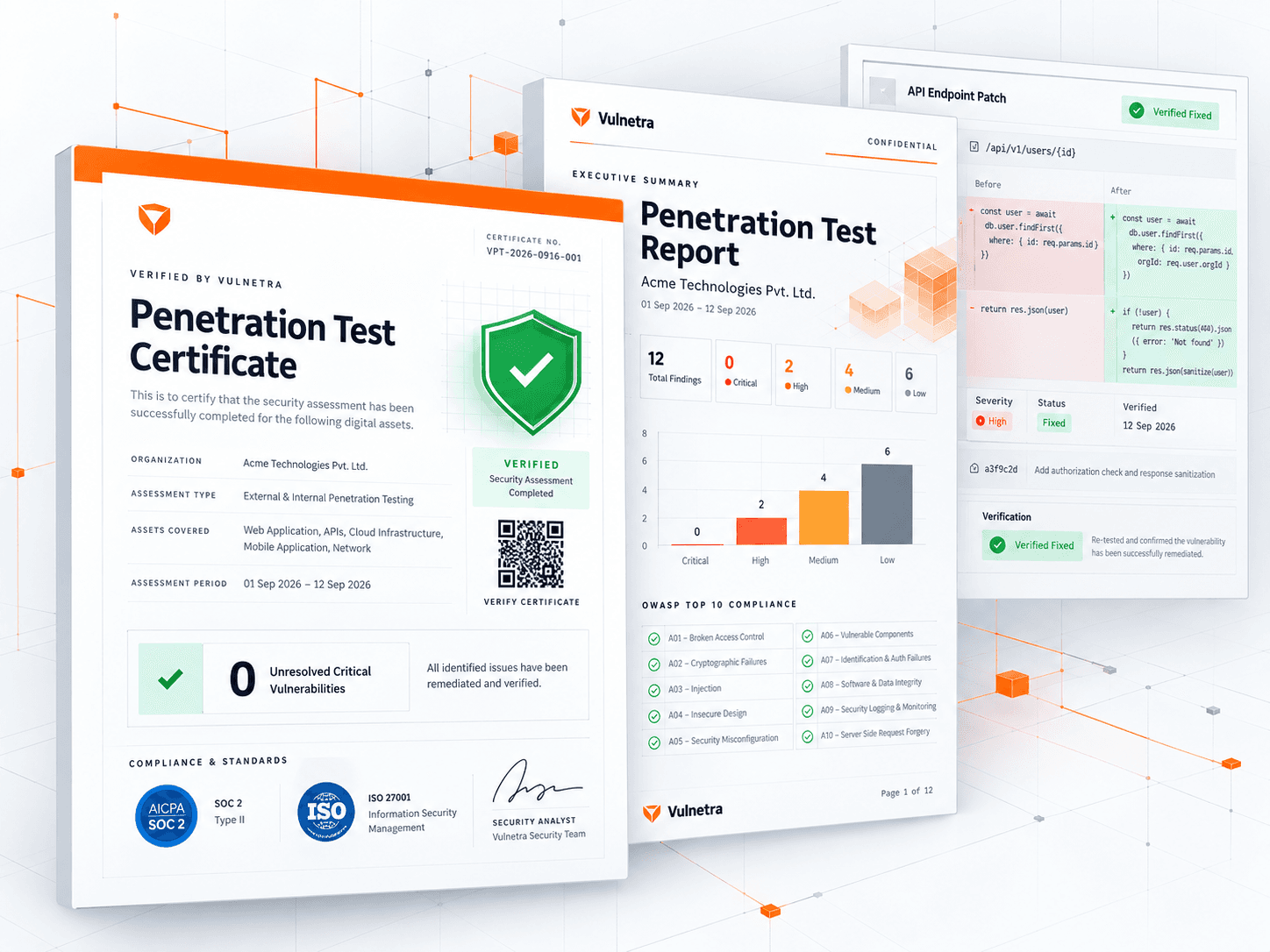 Verified penetration test certificate, auditor PDF report and verified-fix code diff