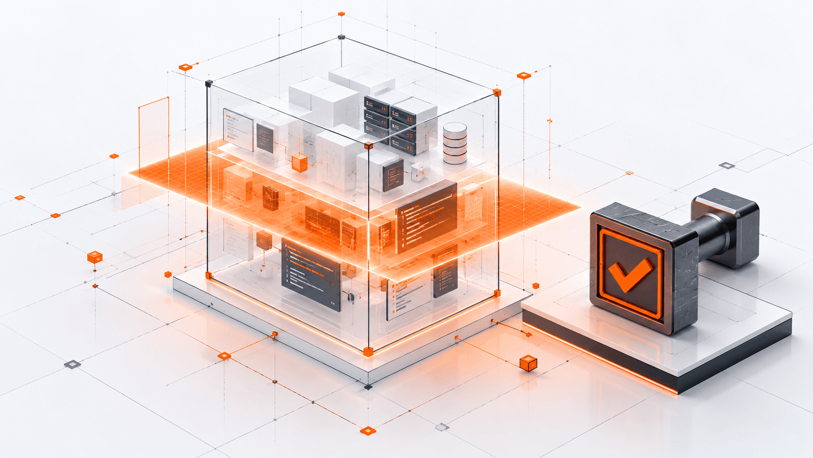 One-time audit assessment — glass cube scanned by orange laser plane with verification seal